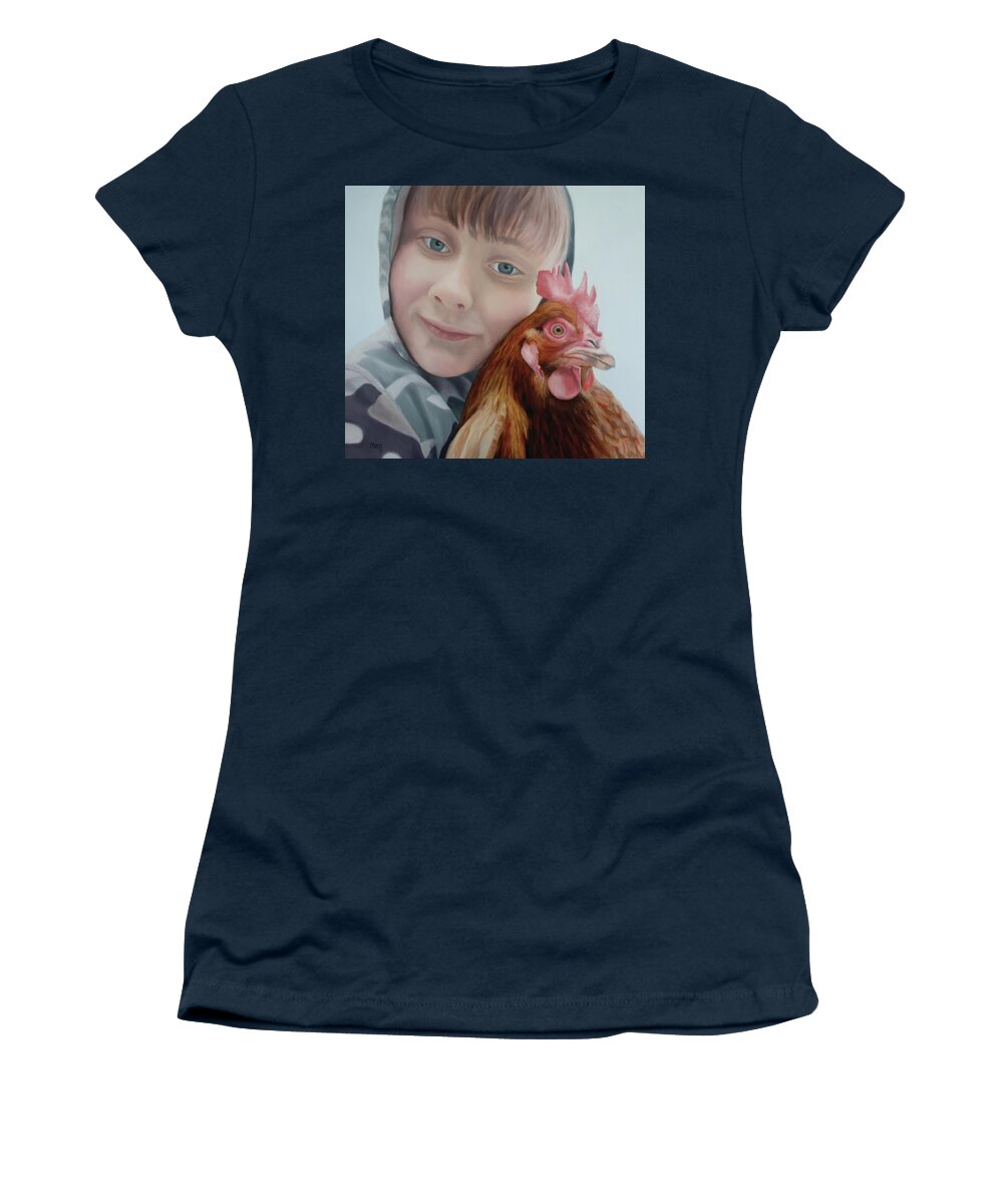 Boy; Chicken; Friendship; Caring; Camouflage; Contemplation Women's T-Shirt featuring the painting Johnathan by Marg Wolf