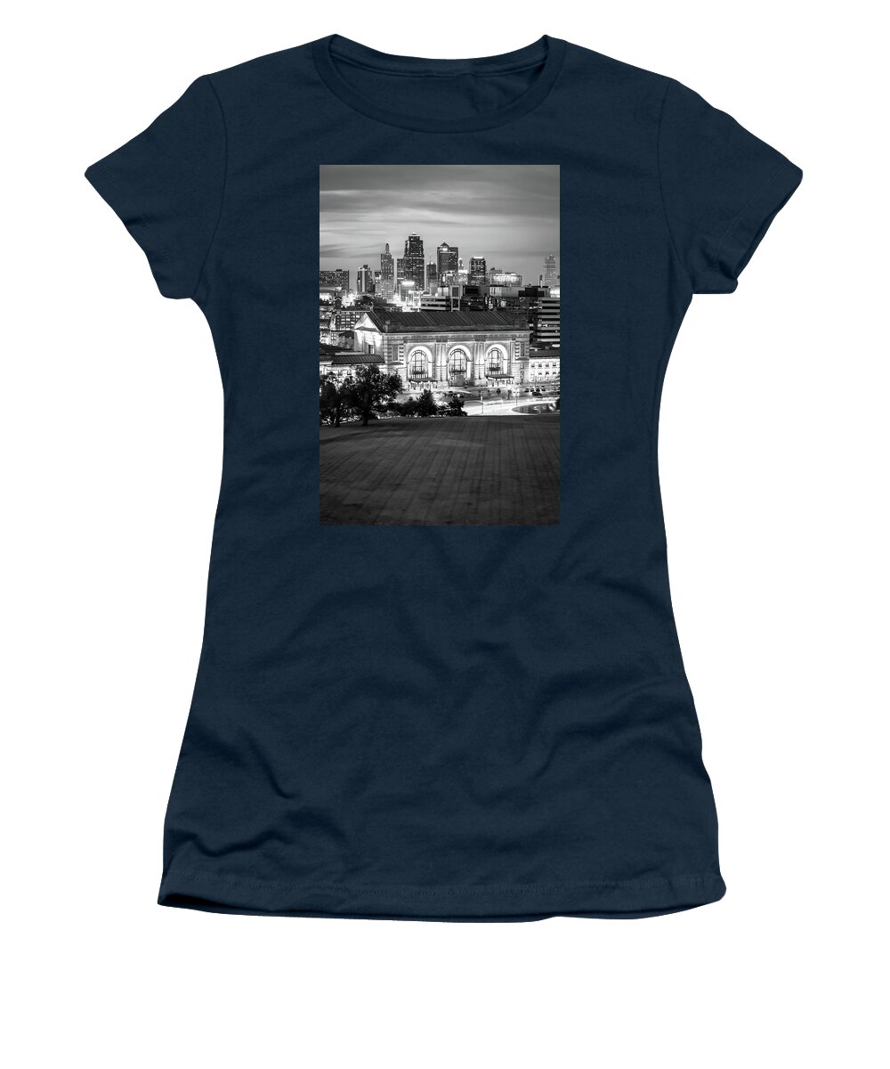 America Women's T-Shirt featuring the photograph Kansas City Skyline with Union Station in Black and White by Gregory Ballos