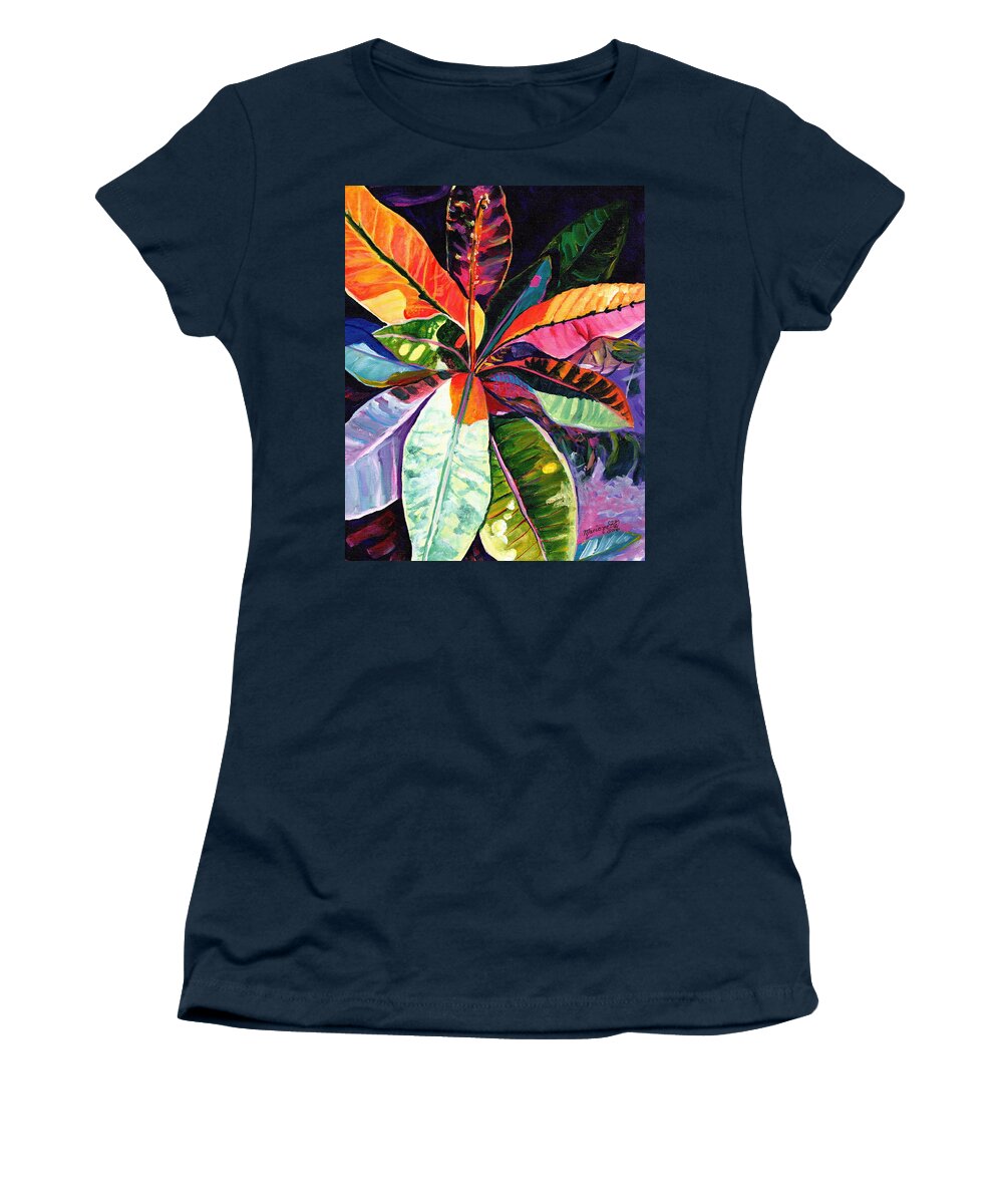 Tropical Leaves Women's T-Shirt featuring the painting Kauai Croton Leaves by Marionette Taboniar