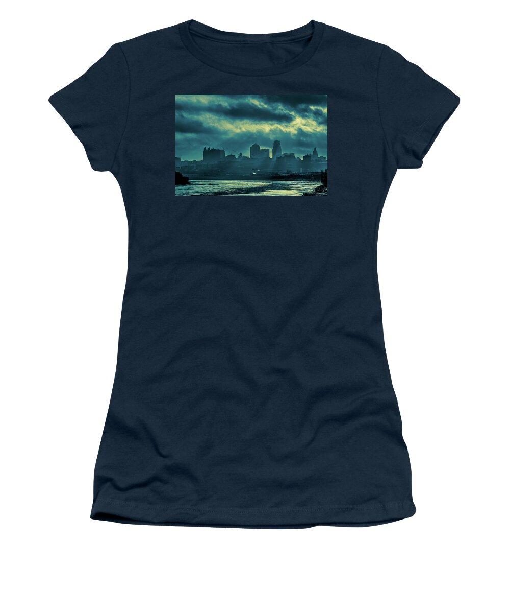 Kaw Point Women's T-Shirt featuring the photograph Kaw Point Kansas City Skyline by Jeff Phillippi