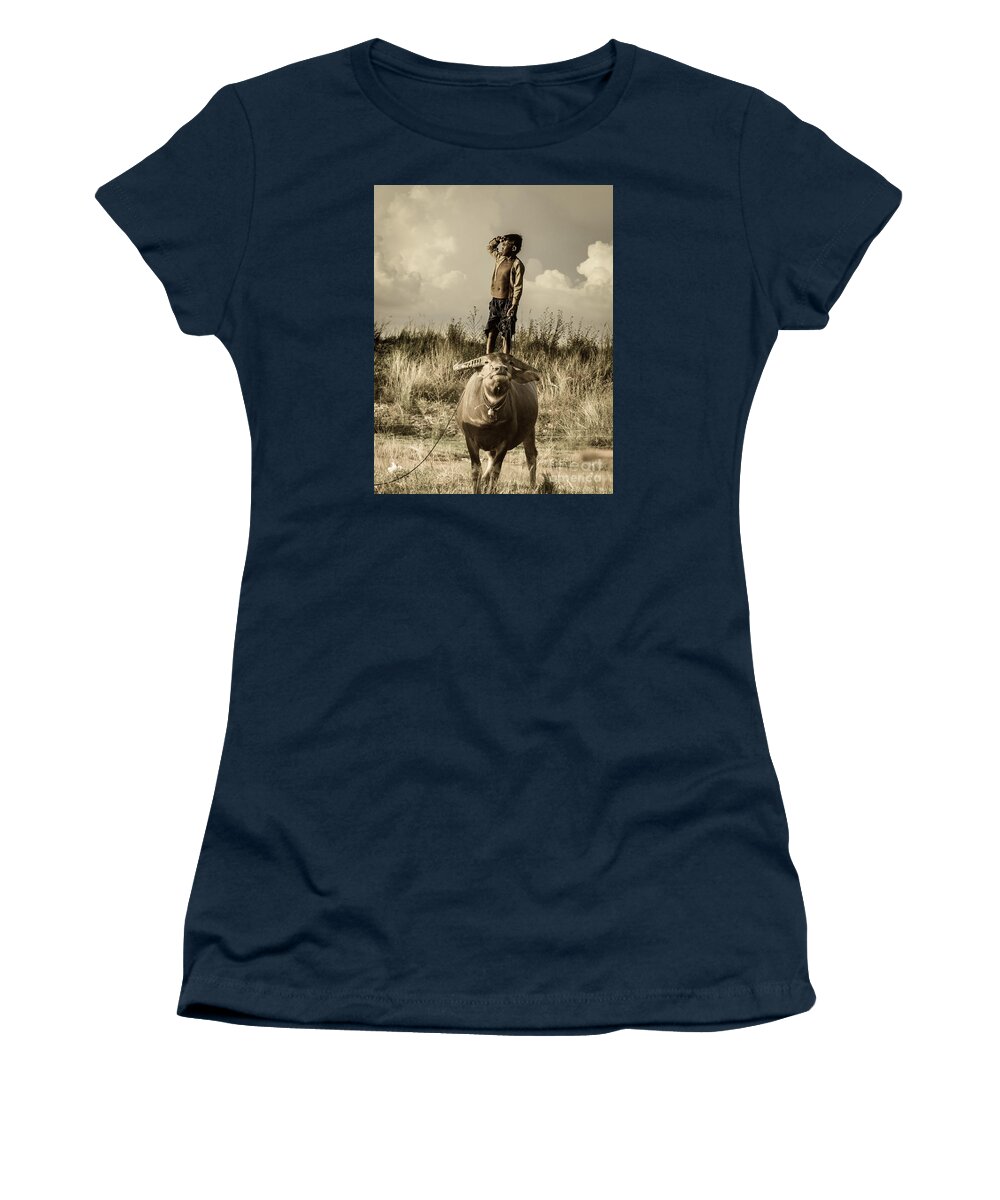 Boy; Cow ; Trip ; See ; Future ; Grass ; Lake ; Play Women's T-Shirt featuring the photograph Kid and Cow by Arik S Mintorogo