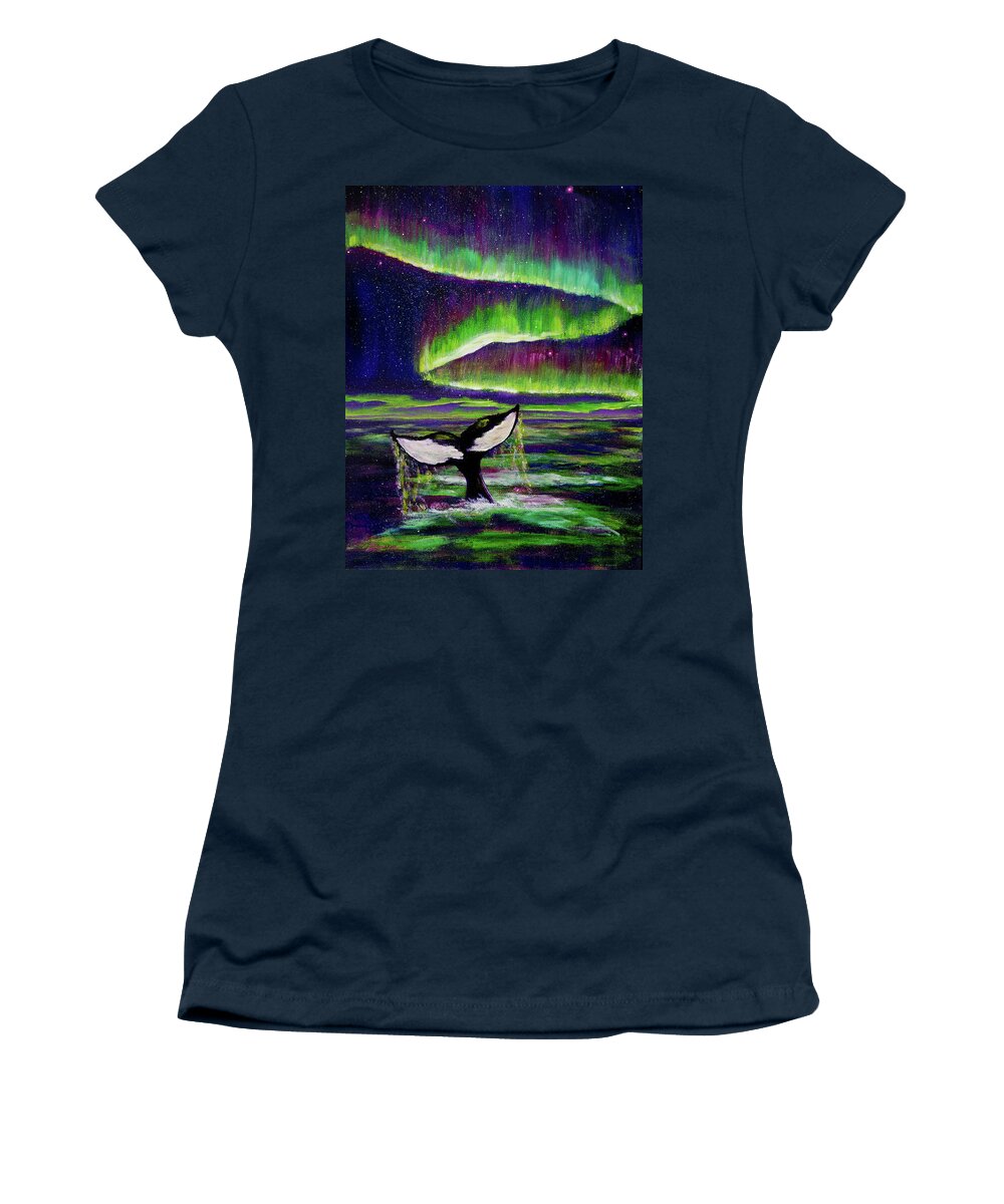 Killer Whale Women's T-Shirt featuring the painting Killer Whale Tail in Aurora Borealis by Laura Iverson