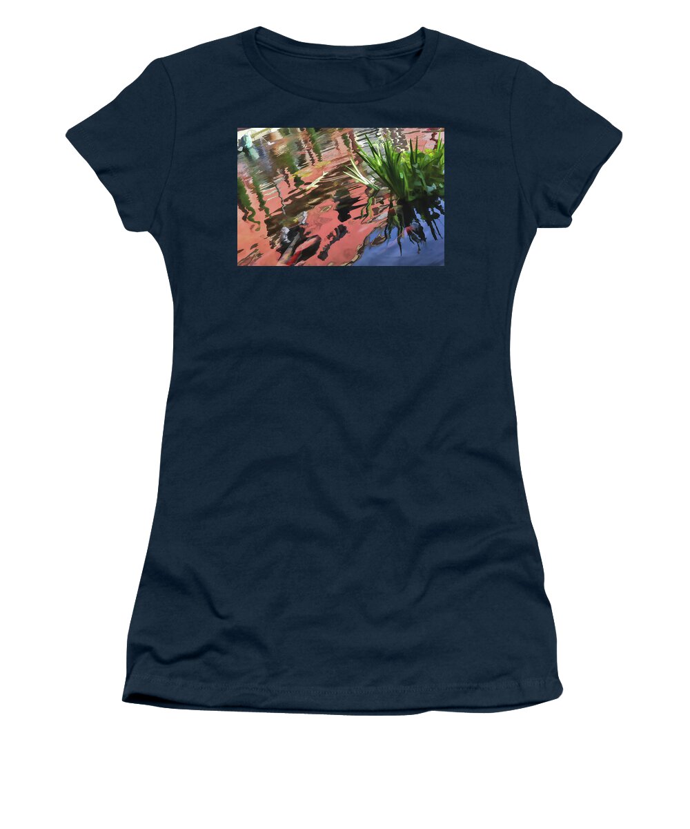 Linda Brody Women's T-Shirt featuring the digital art Koi Pond Reflections Abstract I by Linda Brody