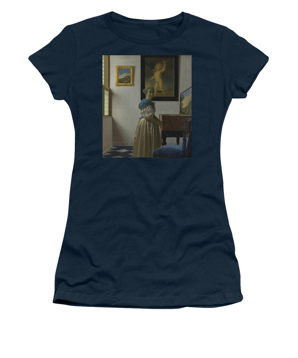 Jan Vermeer Women's T-Shirt featuring the painting Lady Standing at a Virginal by Jan Vermeer
