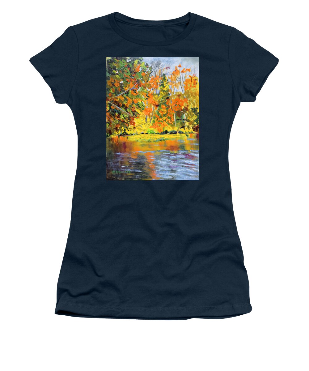 Fall Women's T-Shirt featuring the painting Lake Aerofloat Fall Foliage by Michael Daniels