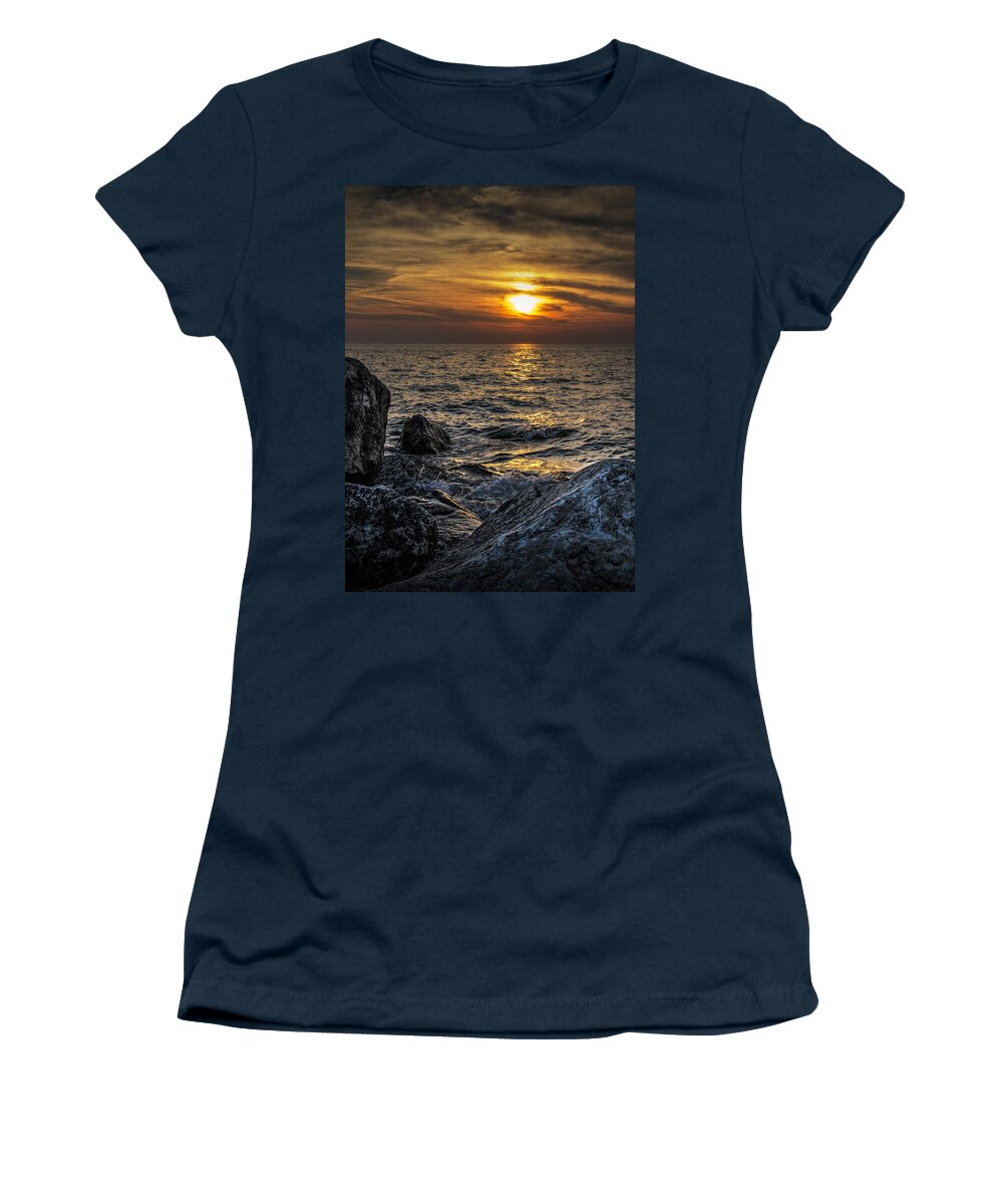 Sea Women's T-Shirt featuring the photograph Lake Michigan Sunset by the Breakwater Rocks at Holland Michigan by Randall Nyhof
