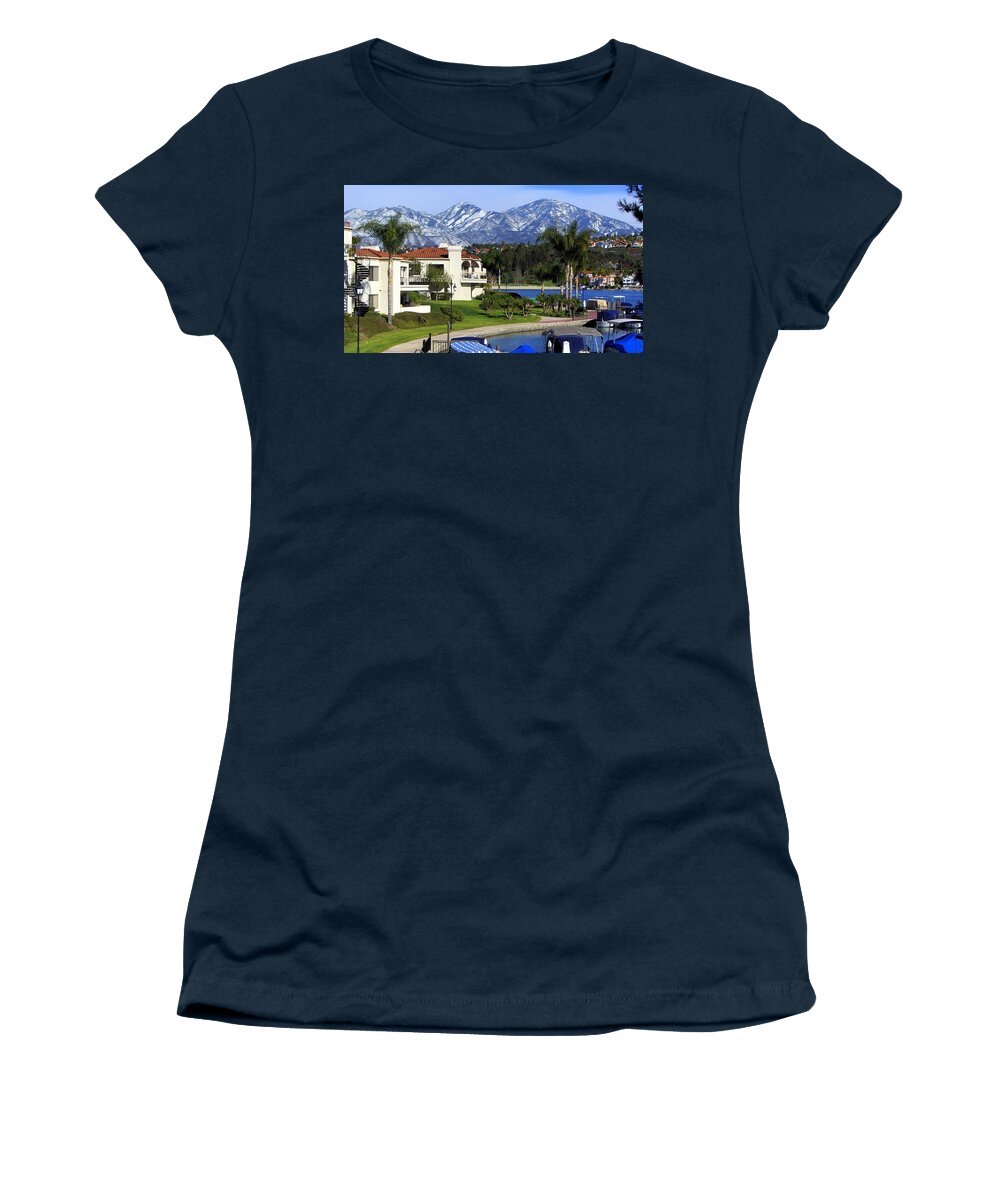 Lake Mission Viejo Women's T-Shirt featuring the photograph Lake Mission Viejo Snow On Saddleback Mountain by J R Yates