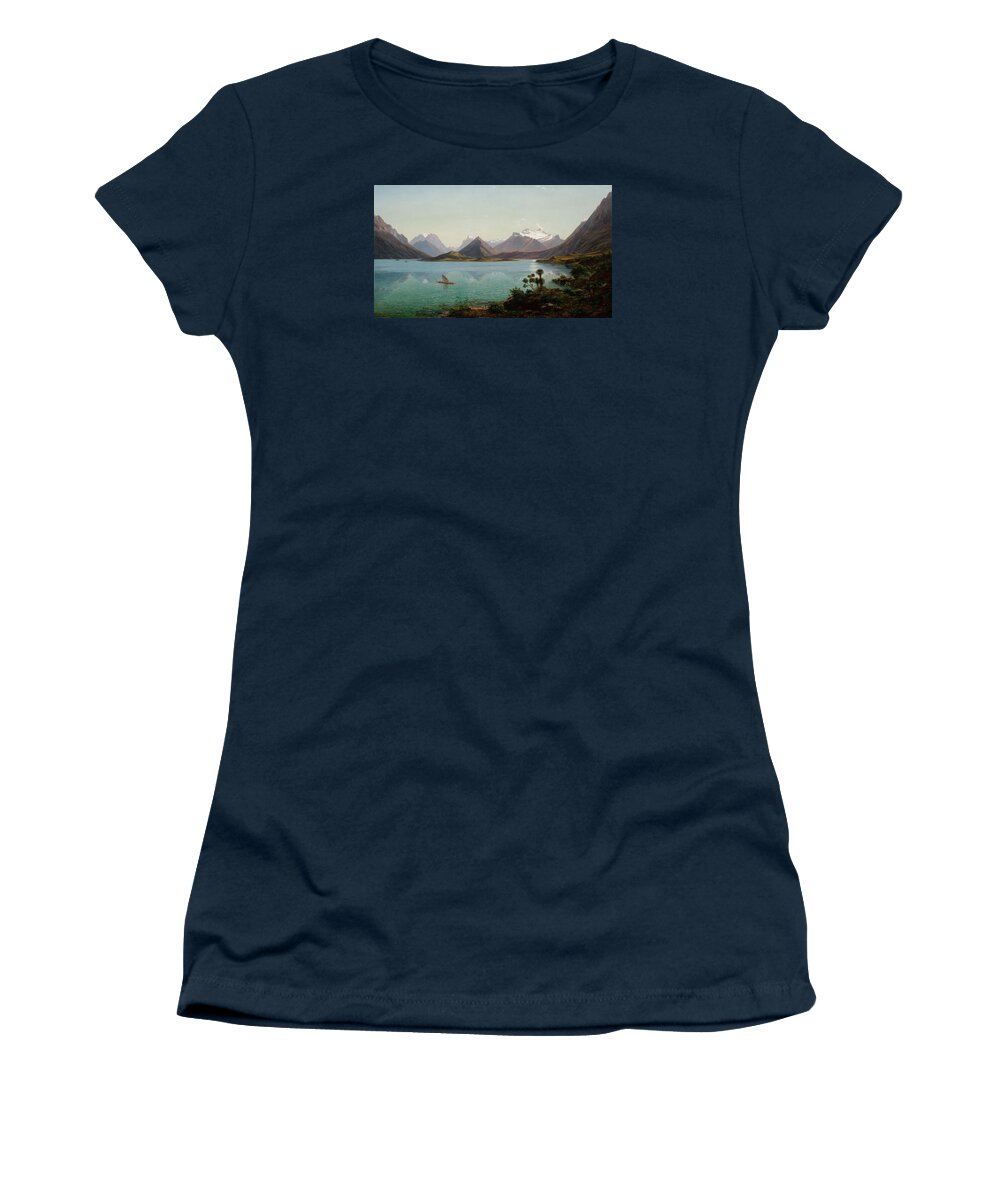 Eugene Von Guerard Women's T-Shirt featuring the painting Lake Wakatipu with Mount Earnslaw. Middle Island New Zealand by Eugene von Guerard