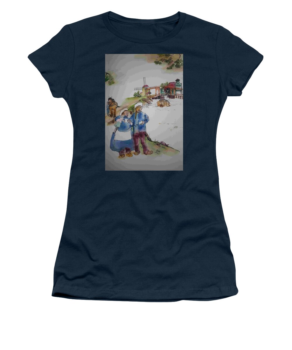The Netherlands. Landscape. Cityscape. Canal. Children. Barge Horses. Barges. Women's T-Shirt featuring the painting Land of windmill clogs and tulips album by Debbi Saccomanno Chan