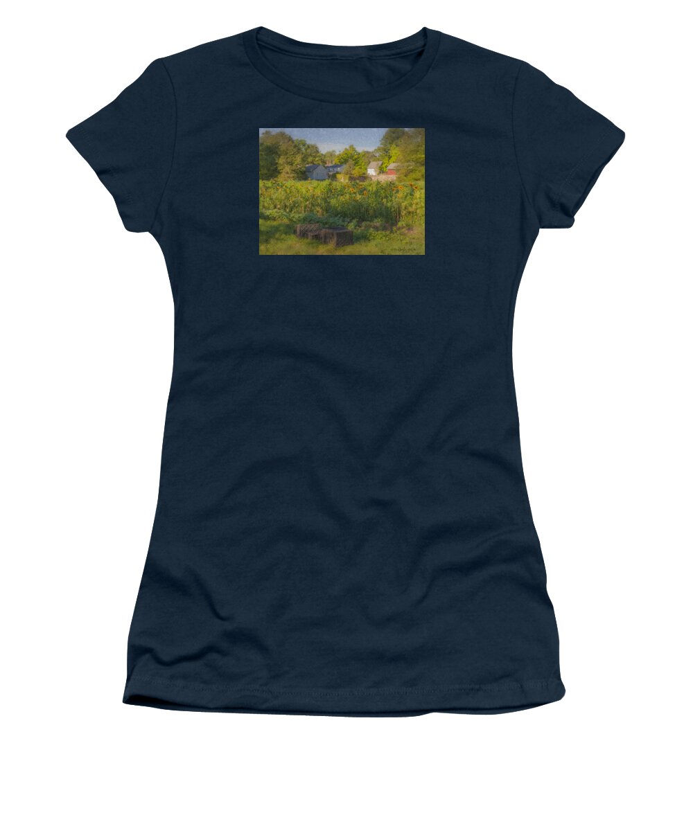 Landscape Women's T-Shirt featuring the painting Langwater Farm Sunflowers and Barns by Bill McEntee