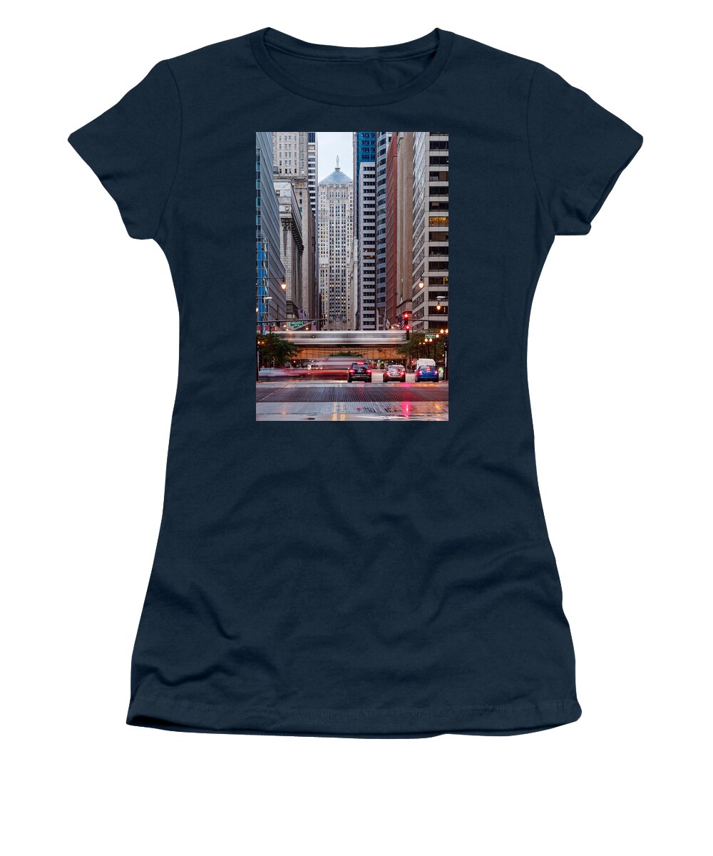 Windy Women's T-Shirt featuring the photograph LaSalle Street Canyon With Chicago Board of Trade Building at the South Side II - Chicago Illinois by Silvio Ligutti