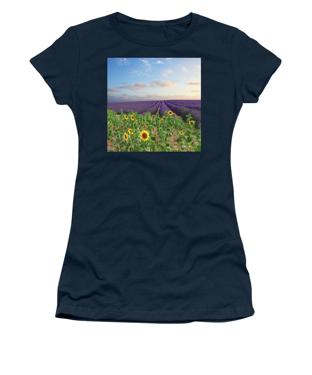 Lavender Women's T-Shirt featuring the photograph Lavender and Sunflower Flowers Field by Anastasy Yarmolovich