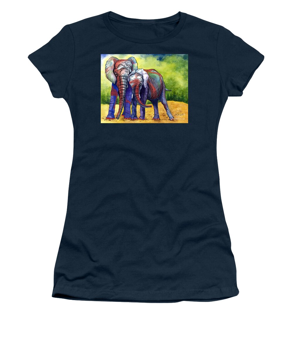 Elephants Women's T-Shirt featuring the painting Lean on Me by Barbara Jewell