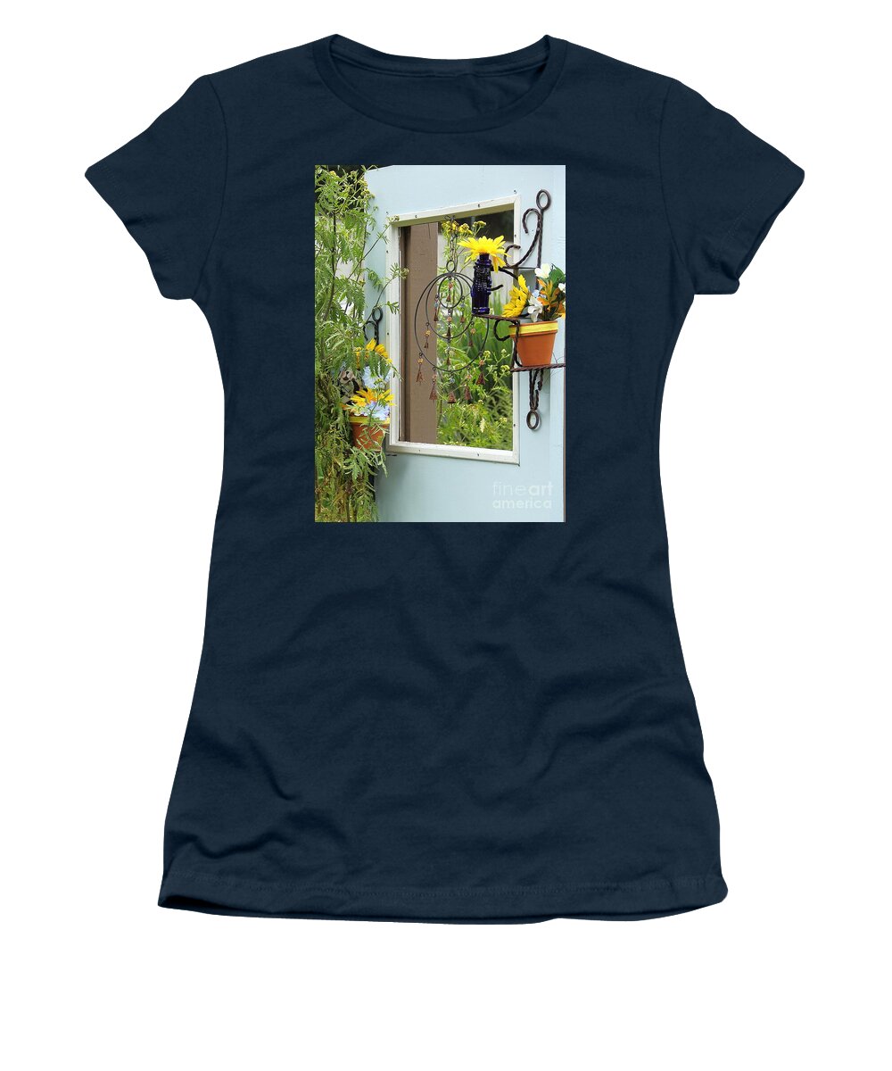 Door Women's T-Shirt featuring the photograph Light Blue Door Planter by Allen Nice-Webb