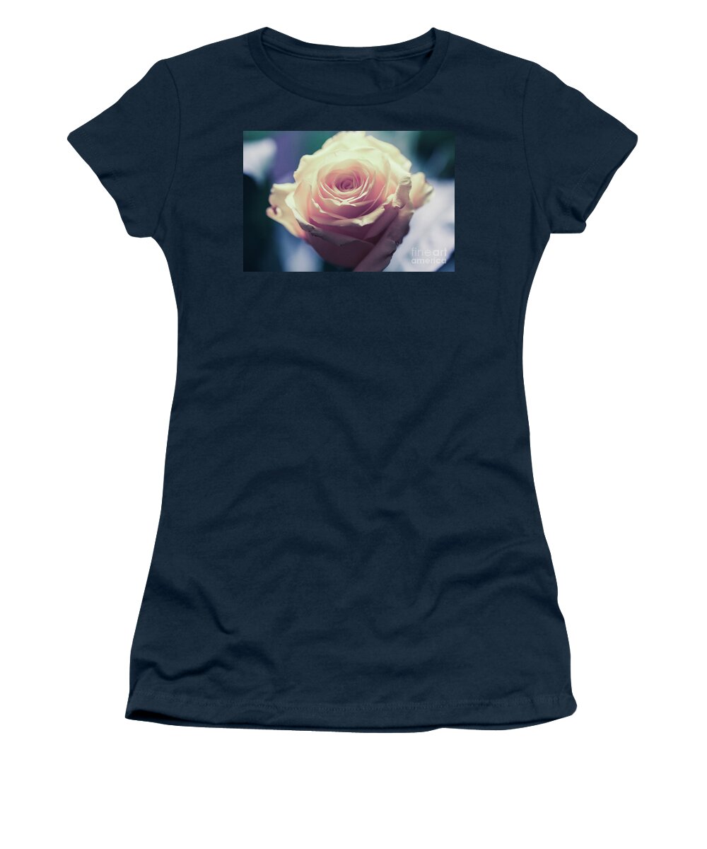 Art Women's T-Shirt featuring the photograph Light Pink Head Of A Rose On Blue Background by Amanda Mohler