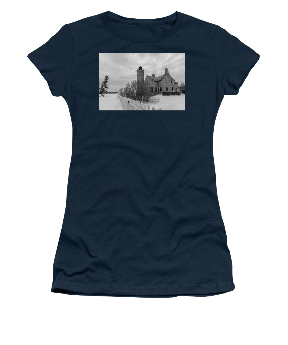 John Mcgraw Women's T-Shirt featuring the photograph Lighthouse and Mackinac Bridge Winter Black and White by John McGraw