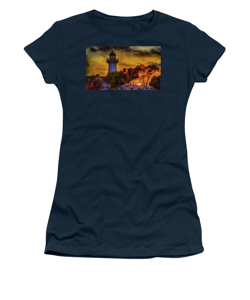 Lighthouse Women's T-Shirt featuring the mixed media Lighthouse Sunset by Joseph Hollingsworth