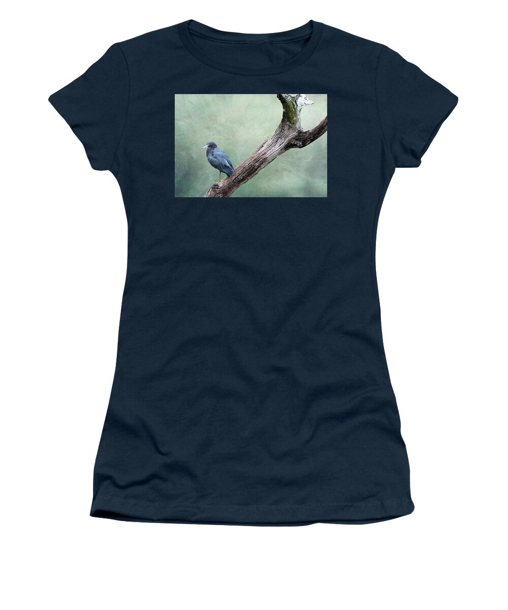 Little Blue Heron Women's T-Shirt featuring the mixed media Little Blue Heron on Green by Rosalie Scanlon