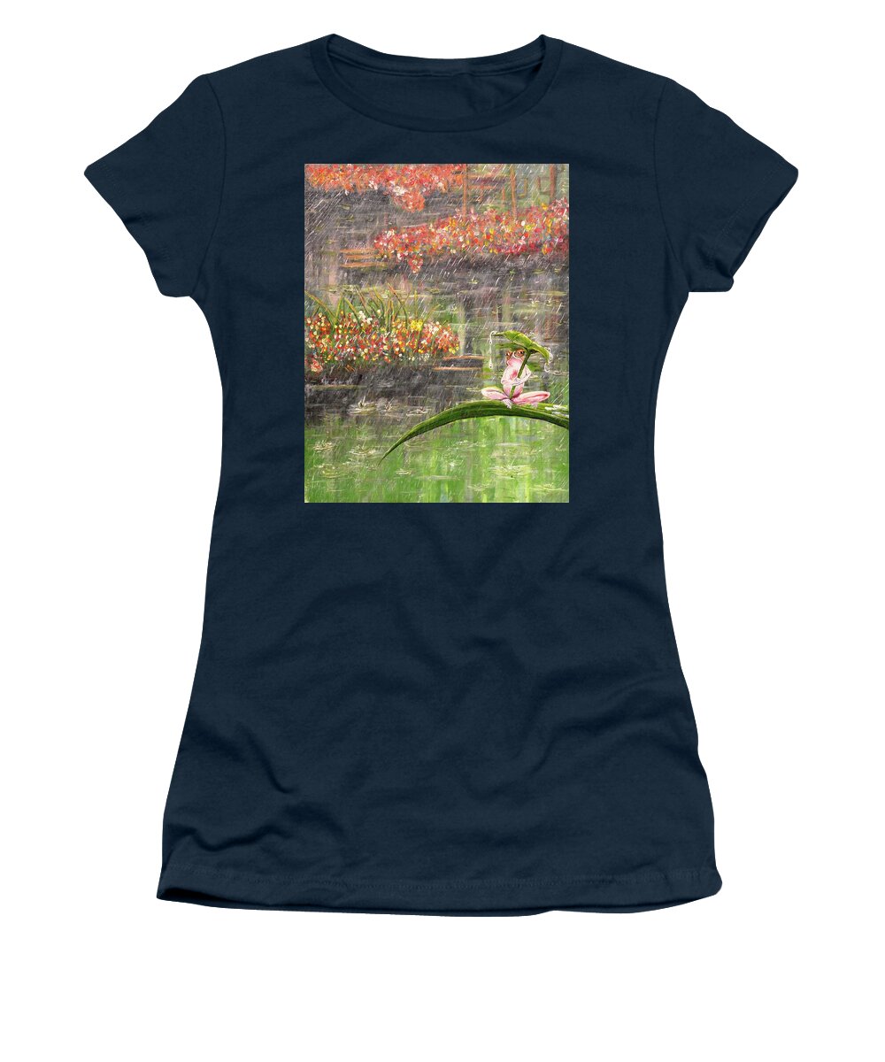Art Women's T-Shirt featuring the painting Little Frog in the Rainy Pond by Medea Ioseliani