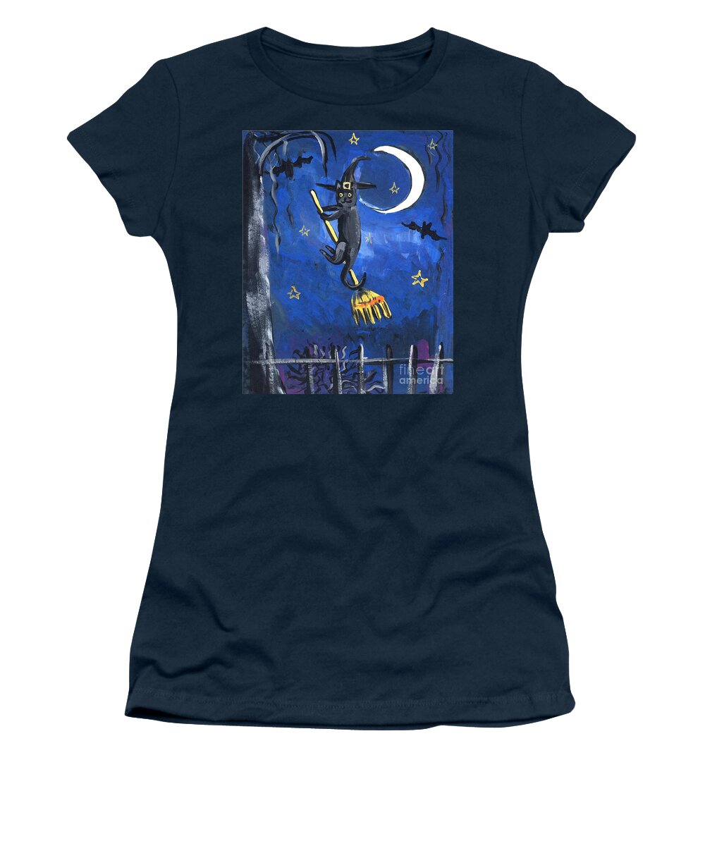 Half Moon Women's T-Shirt featuring the painting Little Halloween Cat Witch by Follow Themoonart