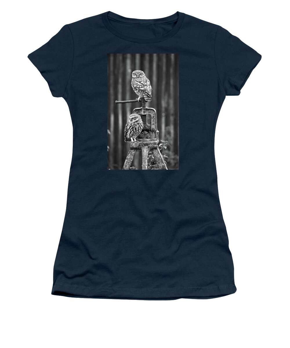 Little Owl Women's T-Shirt featuring the photograph Little Owls Black And White by Pete Walkden