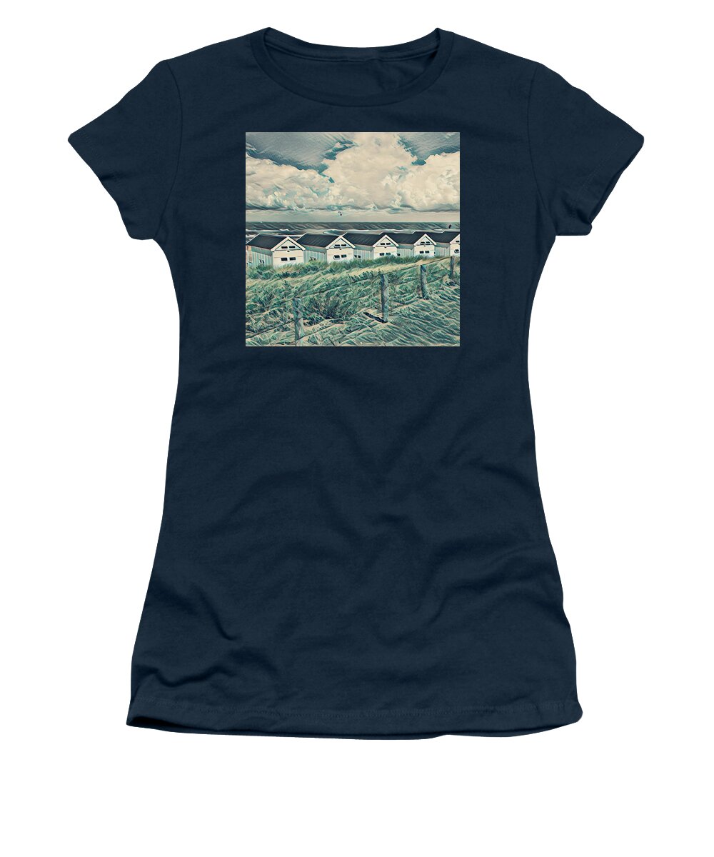 Clouds Women's T-Shirt featuring the photograph Little White Beach Houses and Breezy Waves Painting by Debra and Dave Vanderlaan