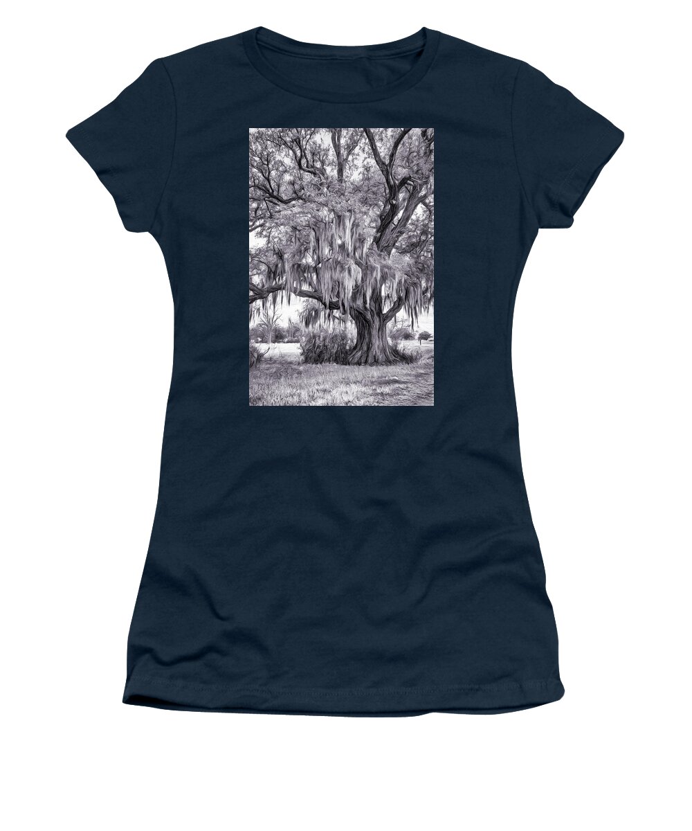 Evergreen Plantation Women's T-Shirt featuring the photograph Live Oak and Spanish Moss - Paint BW 2 by Steve Harrington