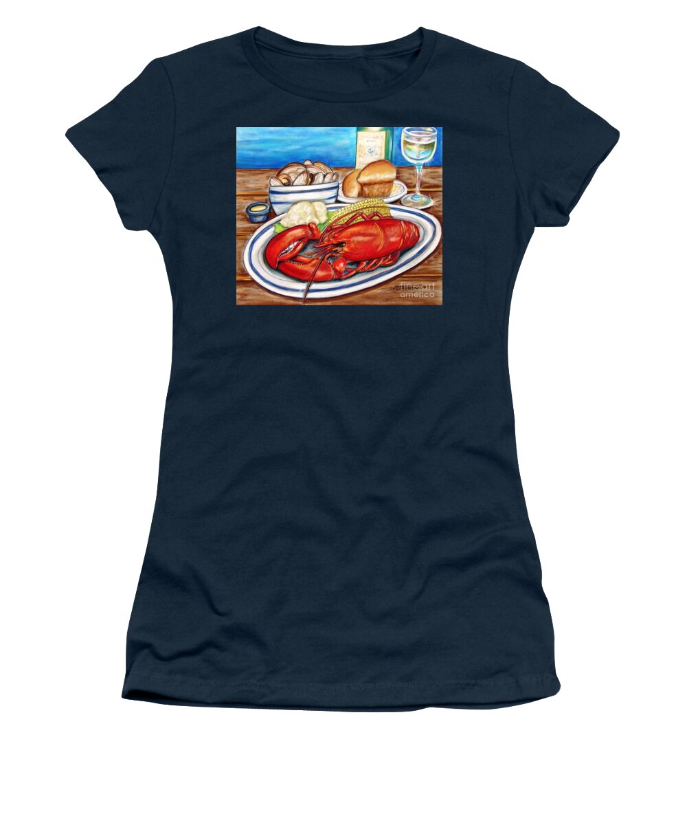 Kitchen Women's T-Shirt featuring the pastel Lobster Dinner by Pat Davidson