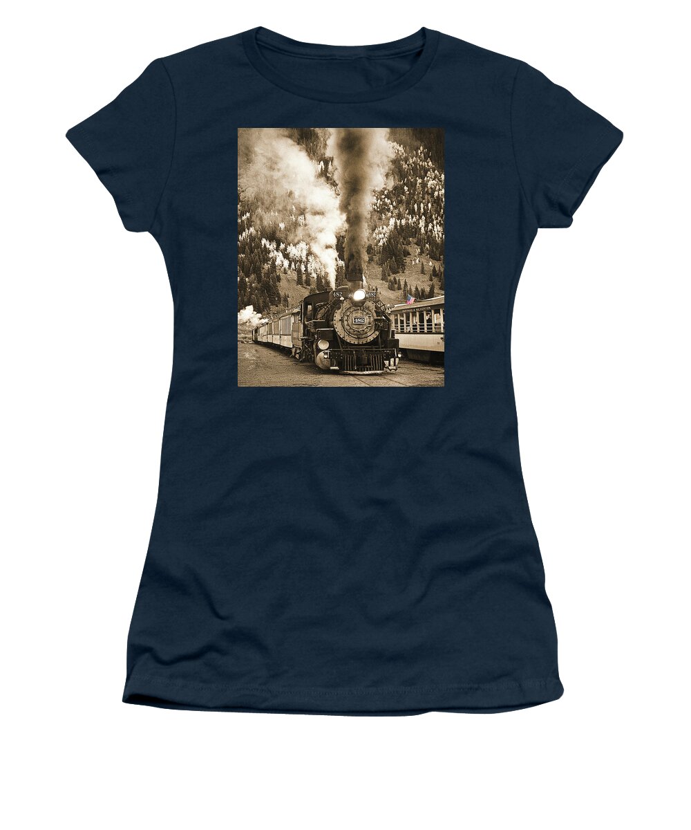 Train Women's T-Shirt featuring the photograph Locomotive To The Past Sepia, Durango Silverton Narrow Gauge, Colorado by Don Schimmel