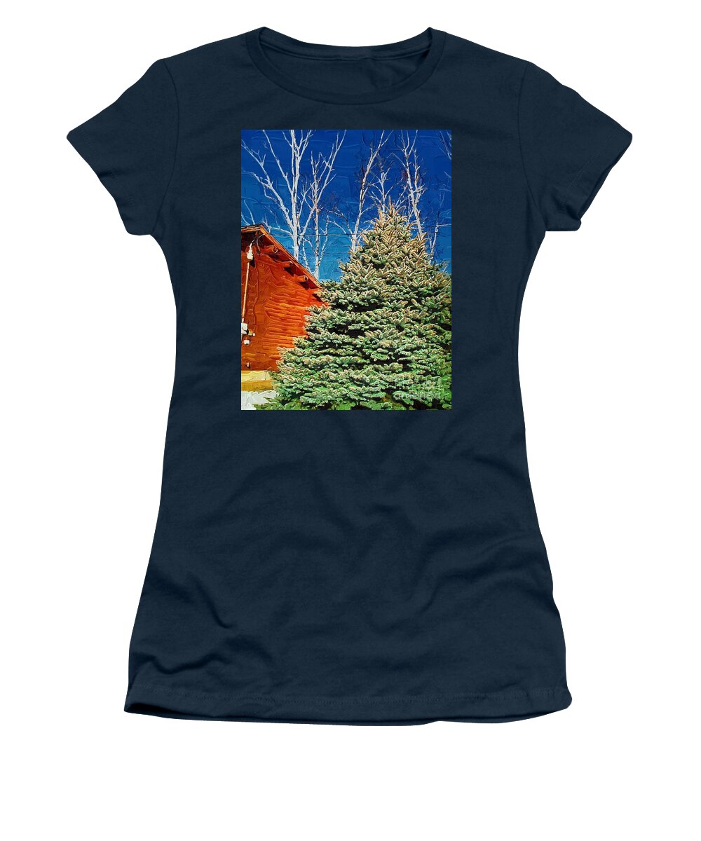 Cabin Women's T-Shirt featuring the photograph Log Cabin With White Birch by Donna Bentley