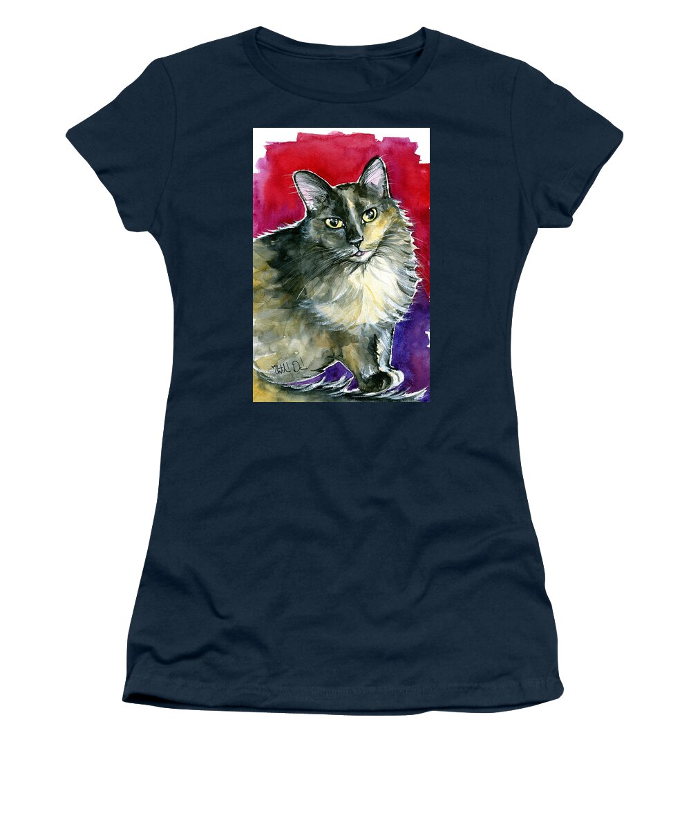Cat Women's T-Shirt featuring the painting Lola - Long Haired Fluffy Cat Portrait by Dora Hathazi Mendes