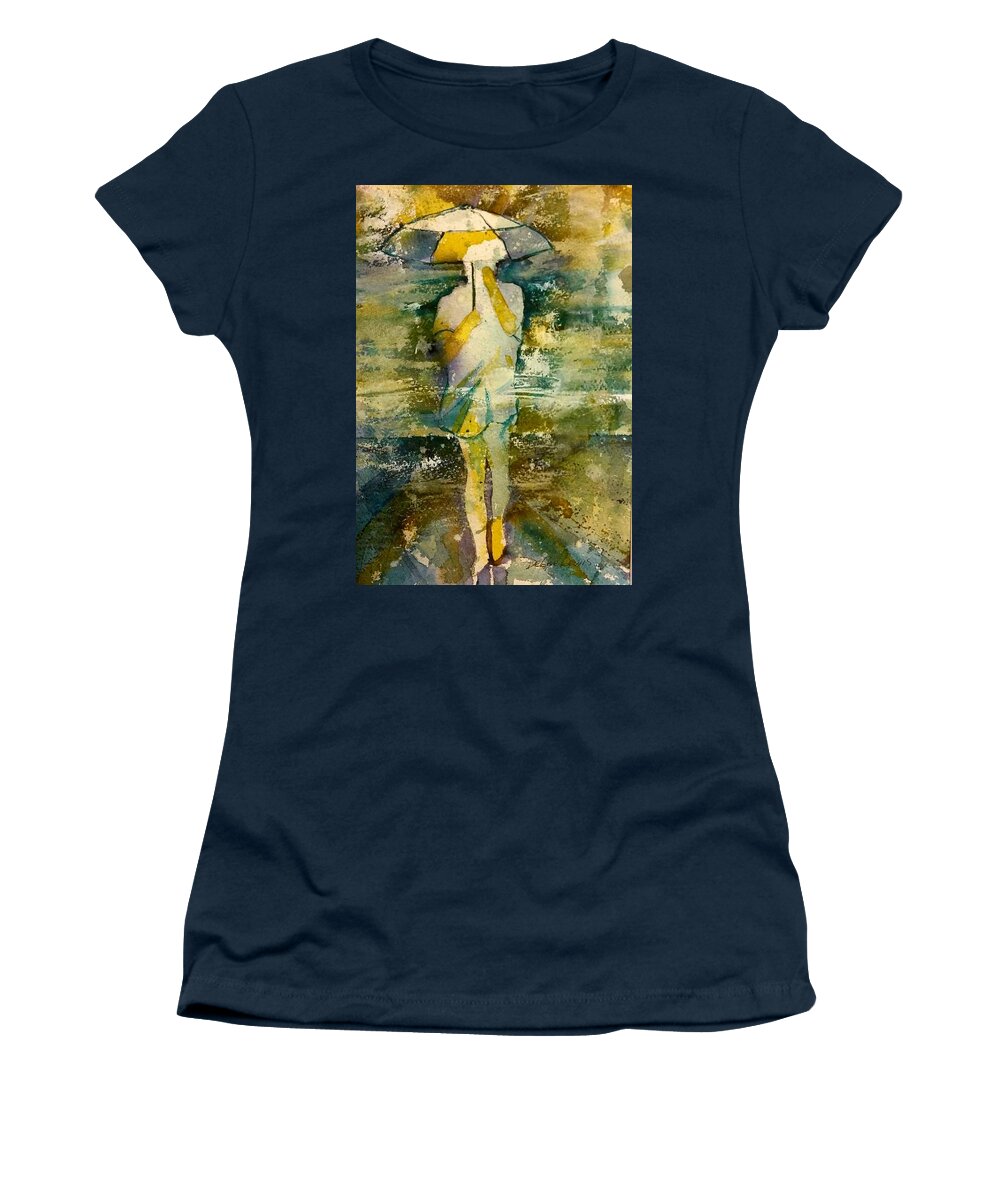 Jo Malone Women's T-Shirt featuring the painting London Rain Theme by Debbie Lewis
