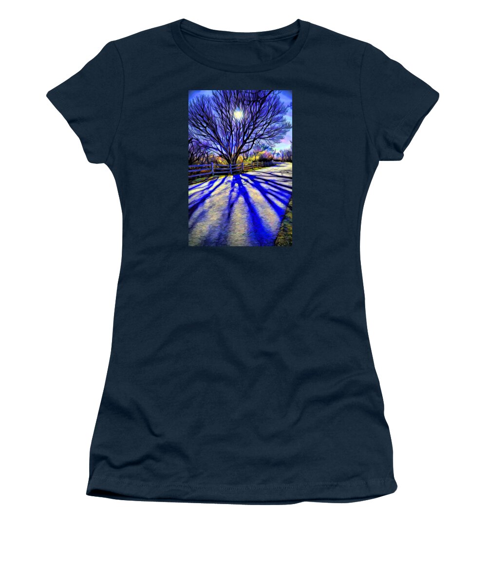 Colorful Tree Women's T-Shirt featuring the digital art Long afternoon shadows by Lilia D