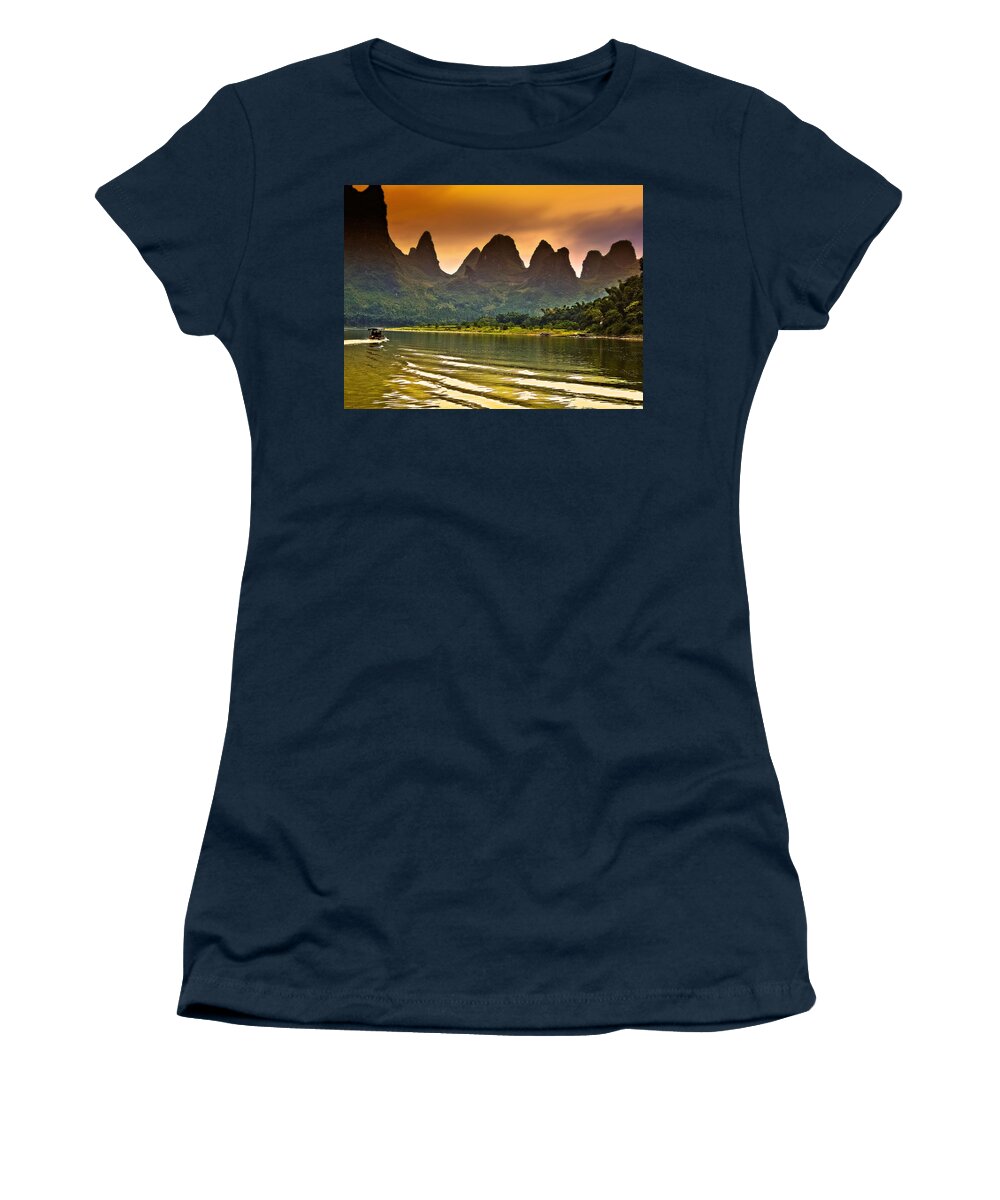 Sunset Women's T-Shirt featuring the photograph Long wave seems brush-China Guilin scenery Lijiang River in Yangshuo by Artto Pan