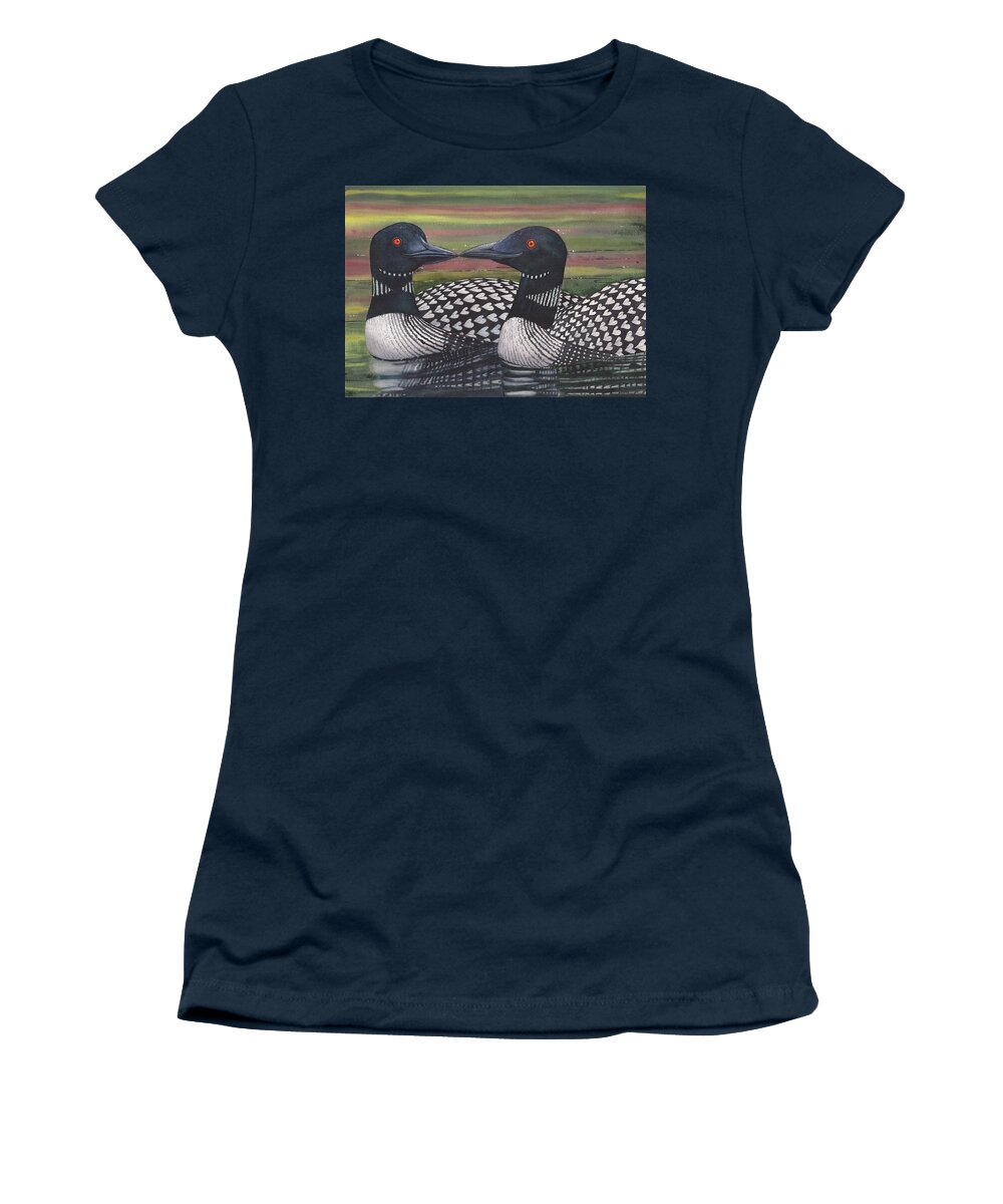 Loon Women's T-Shirt featuring the painting Looney about each other by Catherine G McElroy