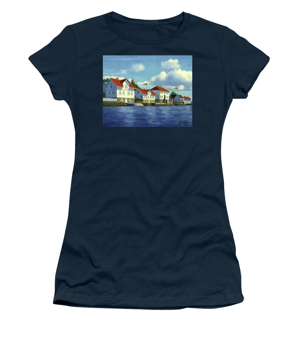 Loshavn Women's T-Shirt featuring the painting Loshavn village Norway by Janet King
