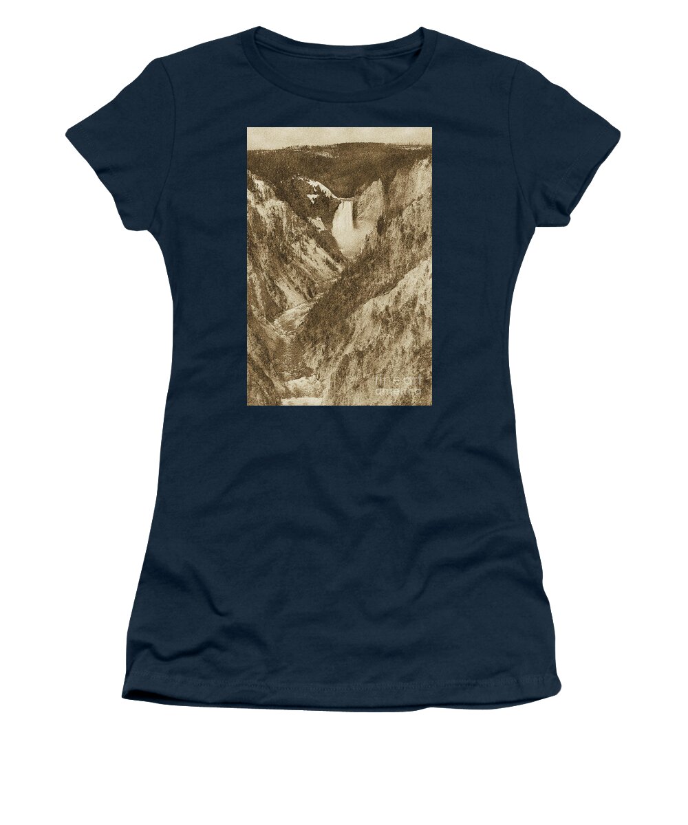 Yellowstone Women's T-Shirt featuring the photograph Lower Falls Viewed from Artist Point Yellowstone National Park Wyoming Vintage Digital Art by Shawn O'Brien