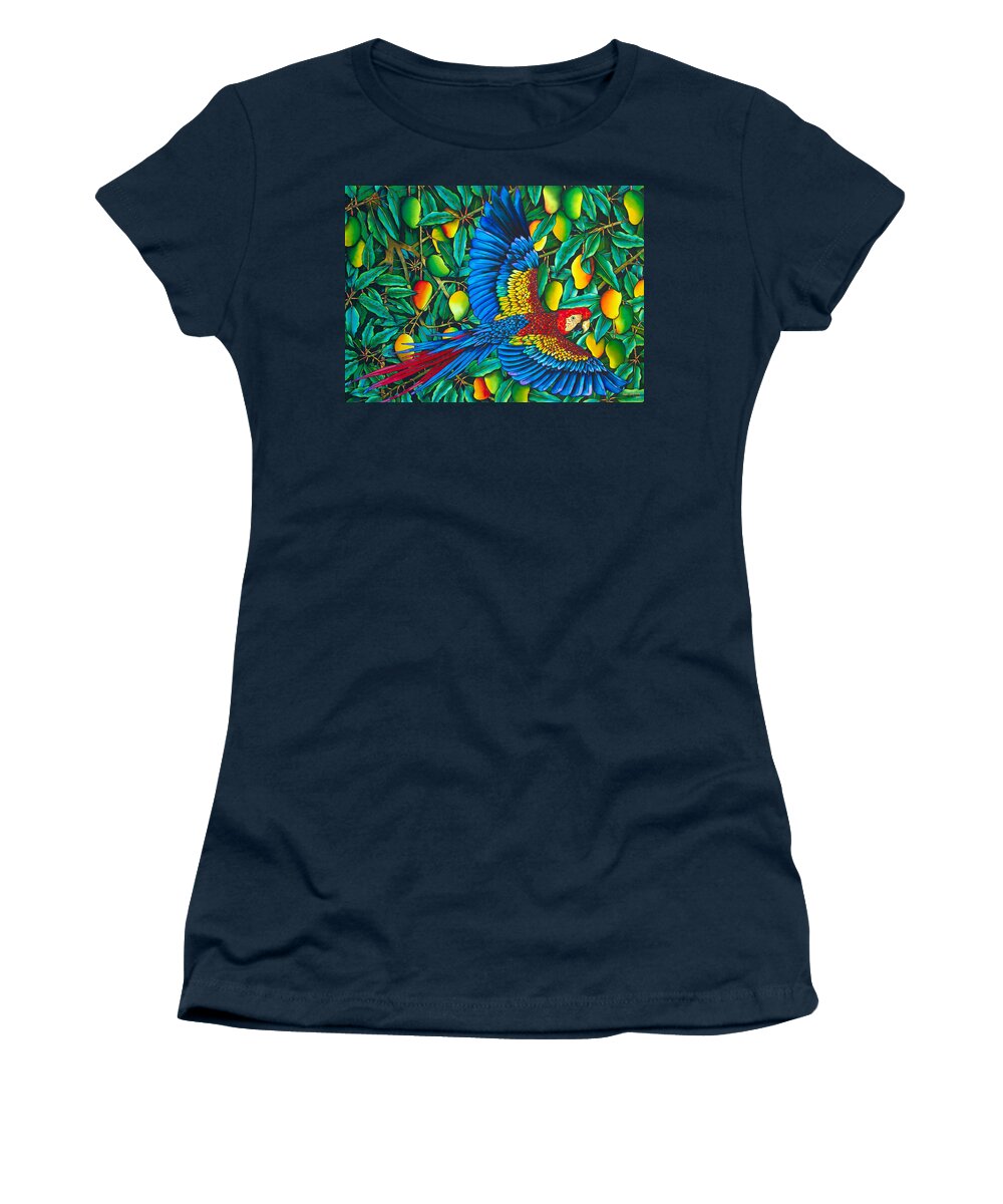 Macaw Parrot Women's T-Shirt featuring the painting Scarlet Macaw Parrot by Daniel Jean-Baptiste