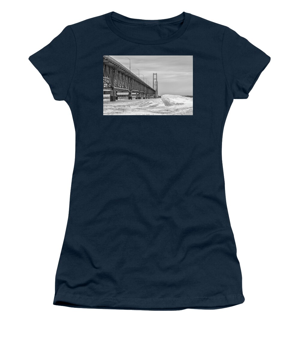 John Mcgraw Women's T-Shirt featuring the photograph Mackinac Bridge Icy Black and White by John McGraw