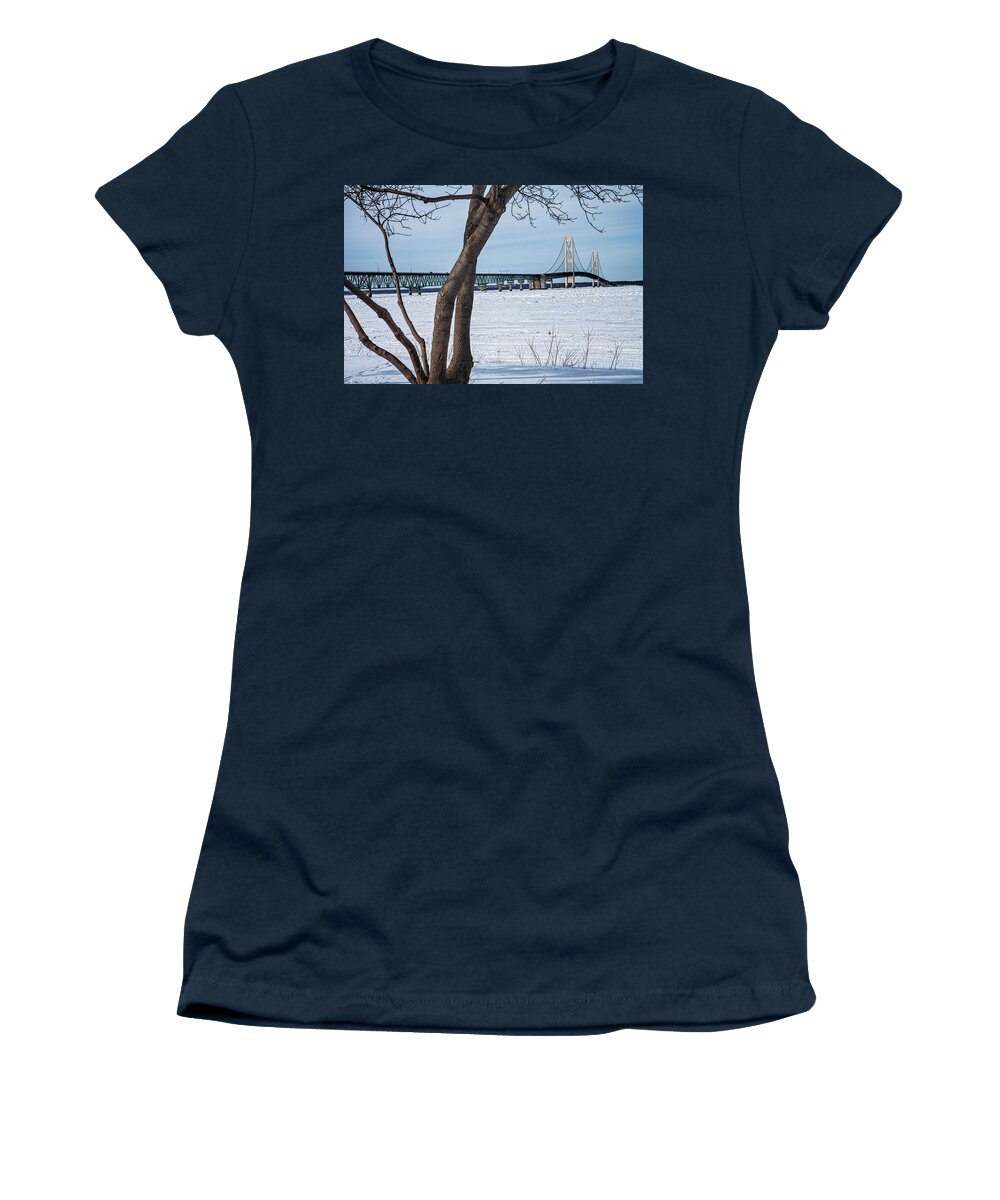 Art Women's T-Shirt featuring the photograph Mackinaw Bridge by the Straits of Mackinac in Winter by Randall Nyhof