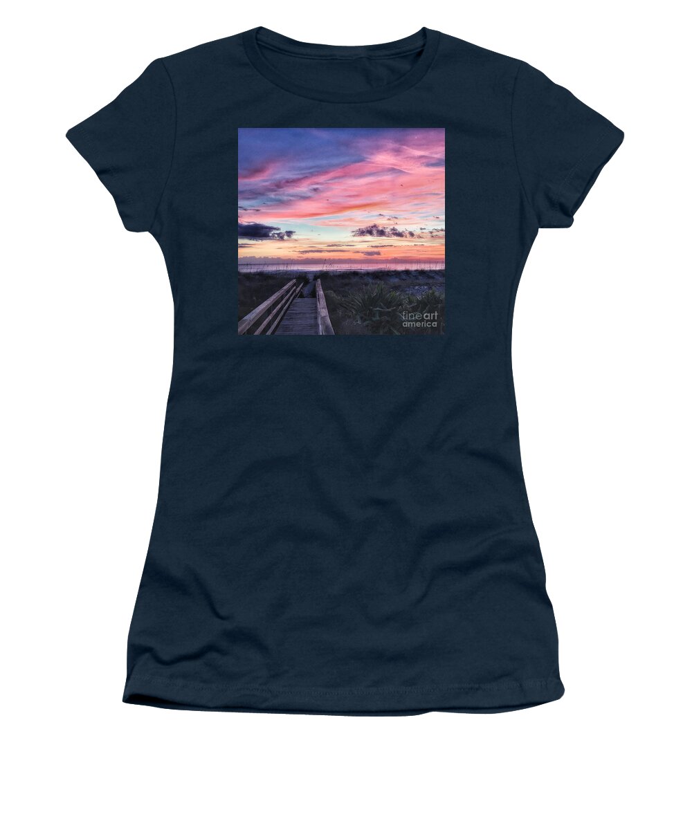 Mornin Magic! St. Augustine Beach Walkover. Women's T-Shirt featuring the photograph Magical morning by LeeAnn Kendall