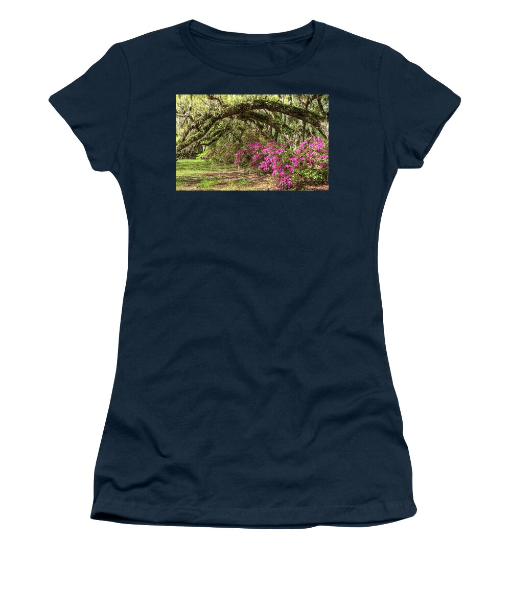 Magnolia Plantation's Live Oaks And Azaleas Women's T-Shirt featuring the photograph Magnolia Plantation's Live Oaks And Azaleas by Carol Montoya