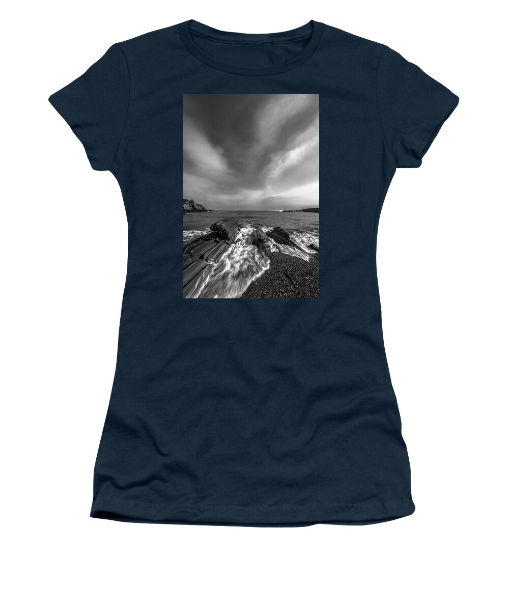 Maine Women's T-Shirt featuring the photograph Maine Storm Clouds and Crashing Waves on Rocky Coast by Ranjay Mitra
