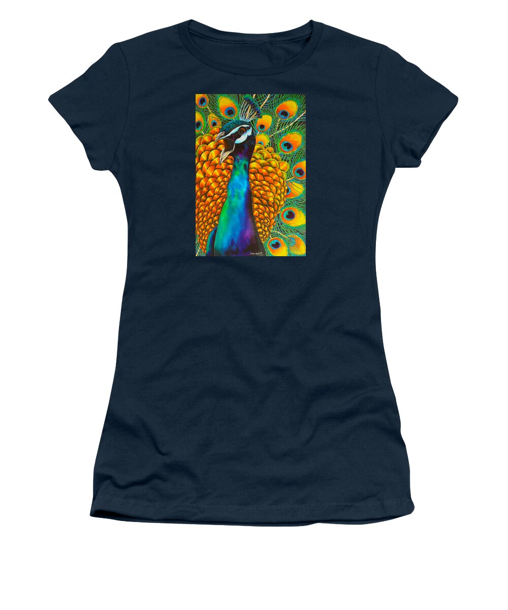 Peacock Women's T-Shirt featuring the painting Majestic Peacock by Daniel Jean-Baptiste