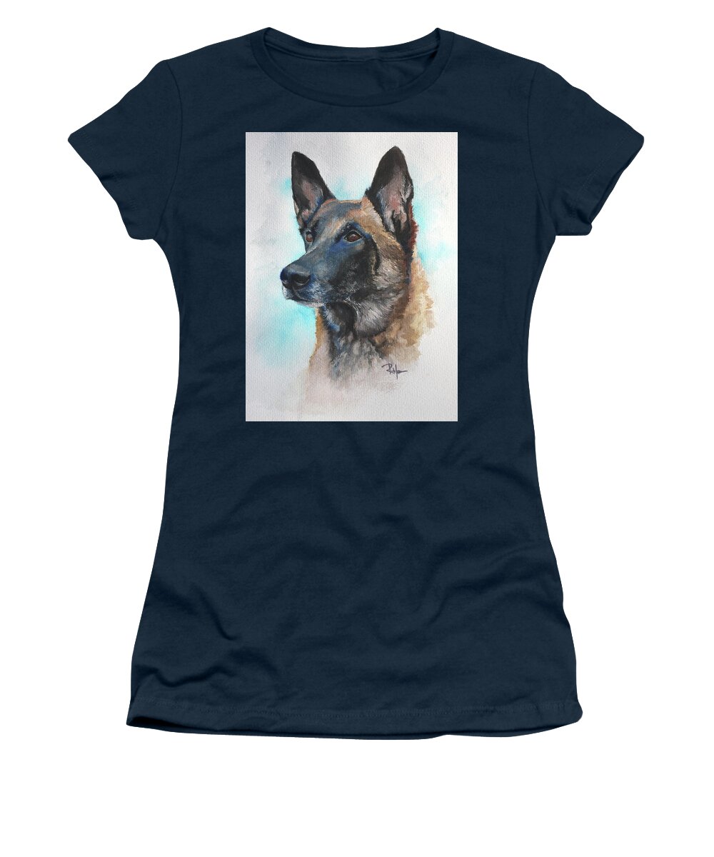 Pet Portraits Women's T-Shirt featuring the painting Malinois by Rachel Bochnia