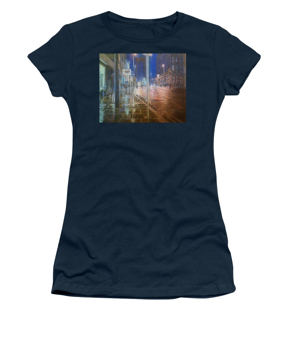Manchester Night Wet Pavements Light Reflections Buildings People Women's T-Shirt featuring the painting Manchester At Night by Rosanne Gartner