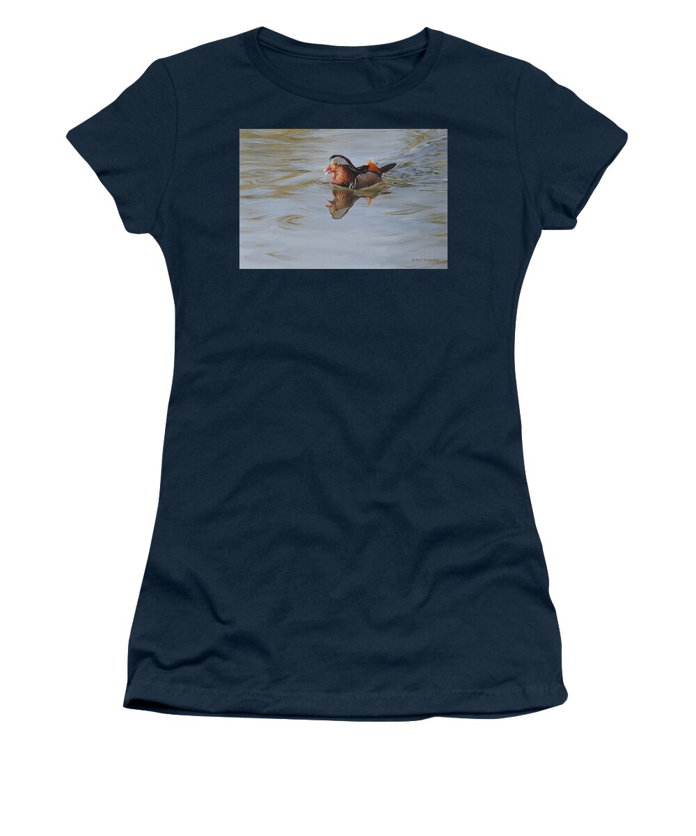 Wildlife Paintings Women's T-Shirt featuring the painting Mandarin Duck by Alan M Hunt