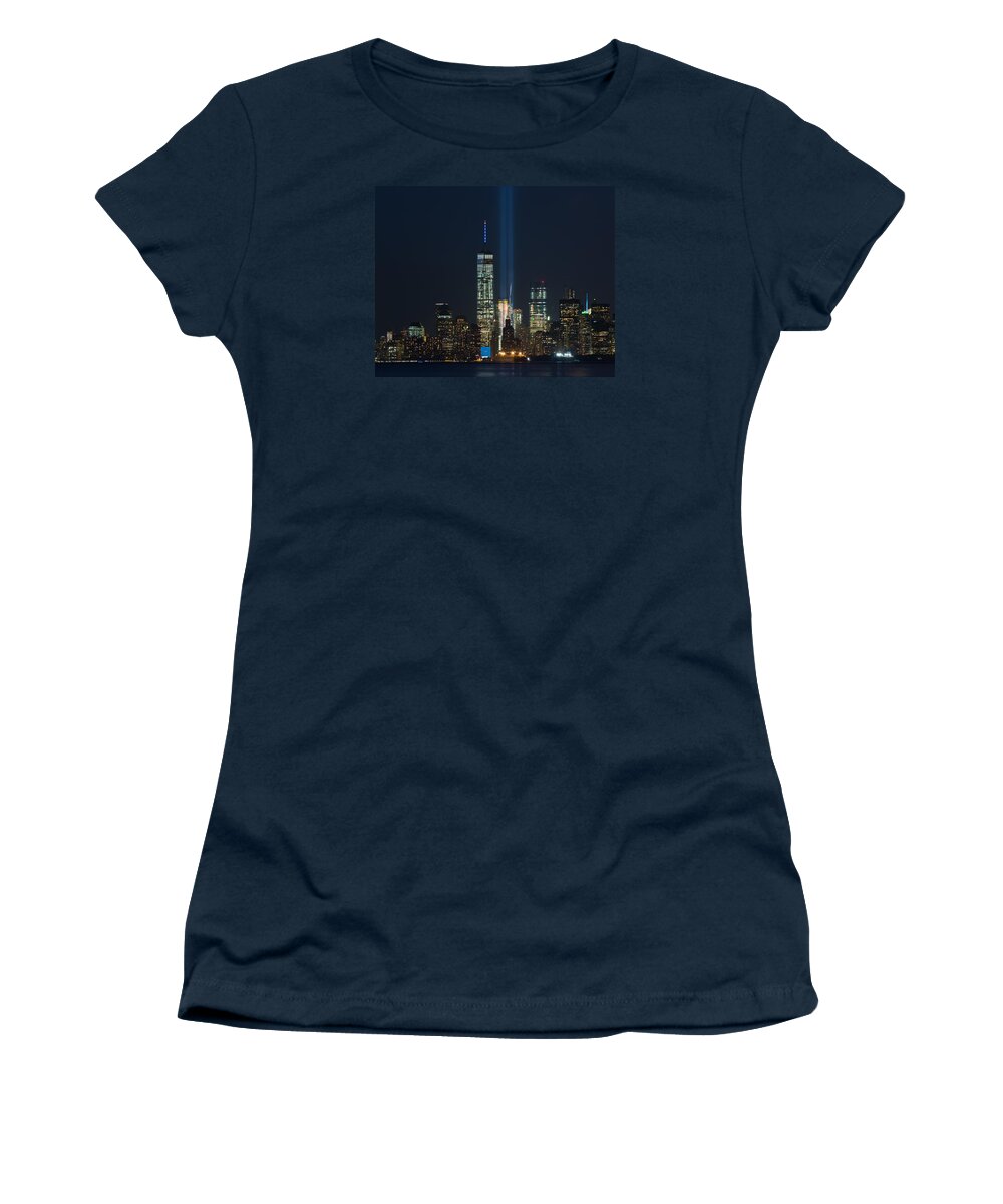 View Of Manhattan New York Freedom Tower And Tribute In Light 9.11.2015 Women's T-Shirt featuring the photograph Manhattan 9.11.2015 by Kenneth Cole