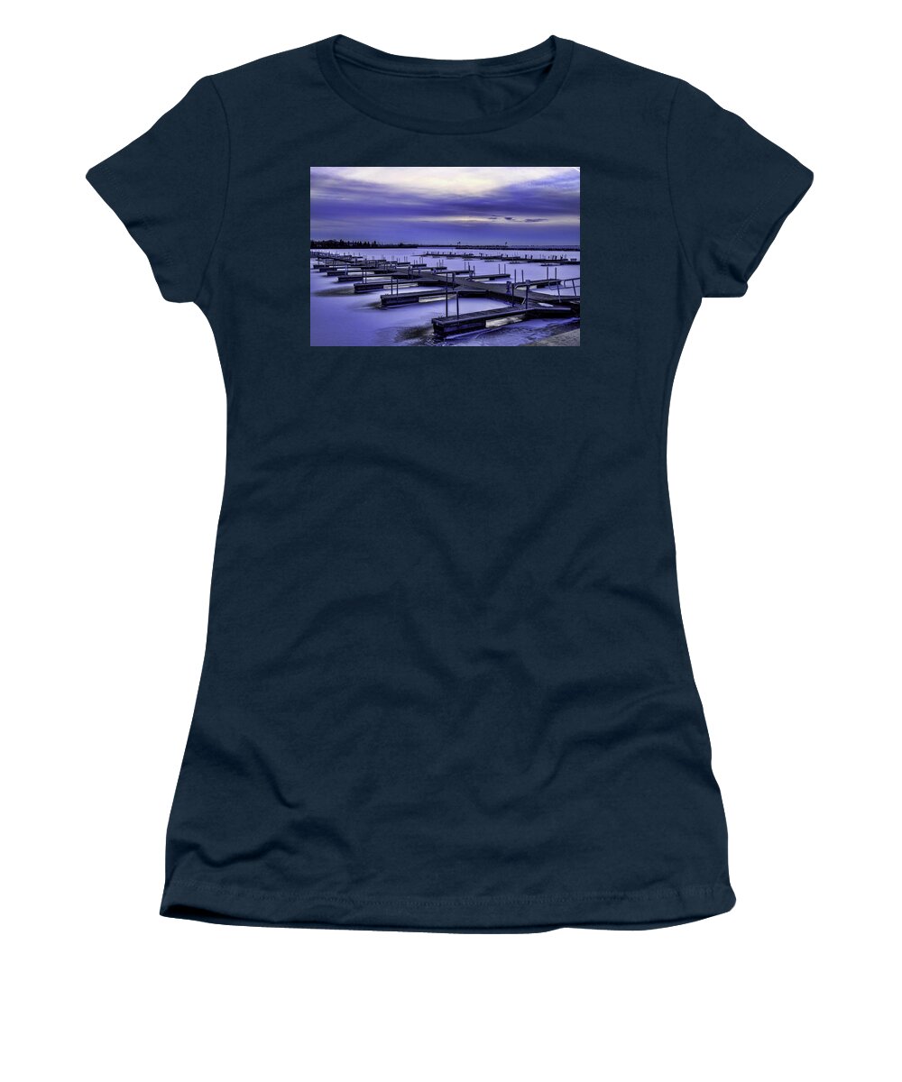 Sea Women's T-Shirt featuring the photograph Frozen Marina at Sunset by Roberta Kayne