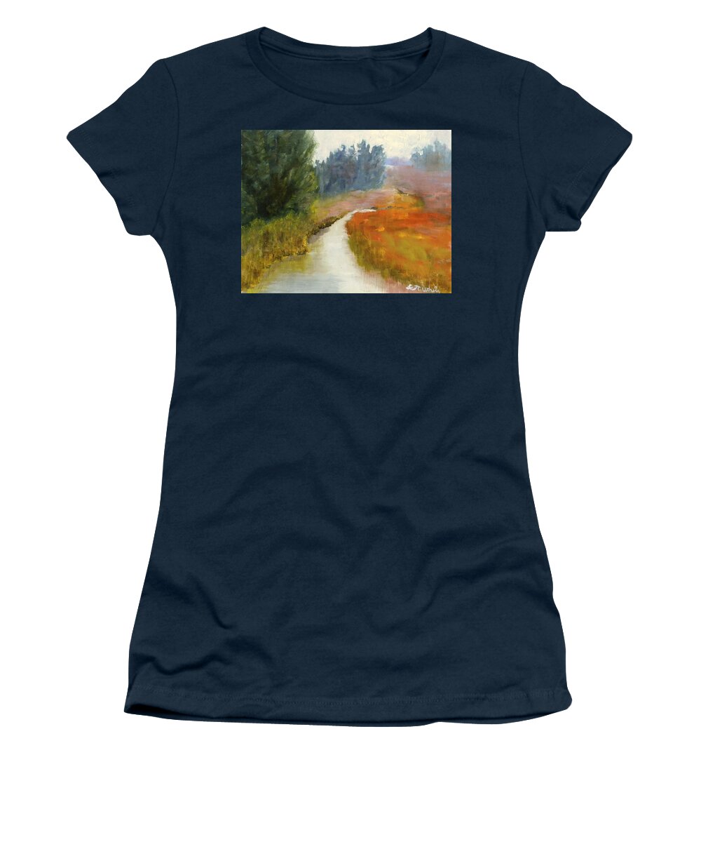 Landscape Water Country Woods Wetland Grasses Stream Women's T-Shirt featuring the painting Marshes Of New England by Scott W White
